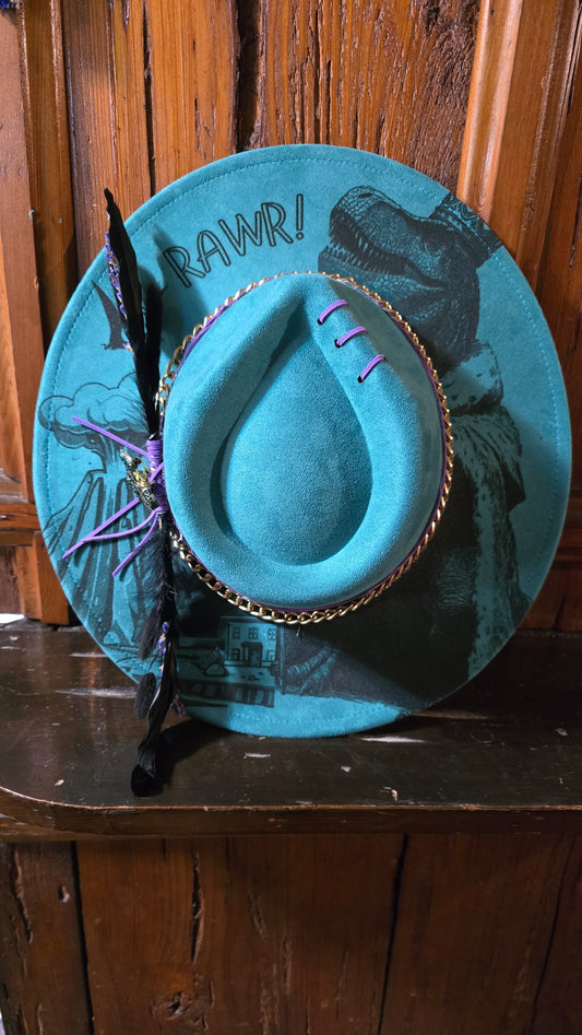 RAWR! Teal Blue Faux Suede Adjustable Rancher Hat with Dinosaur Design