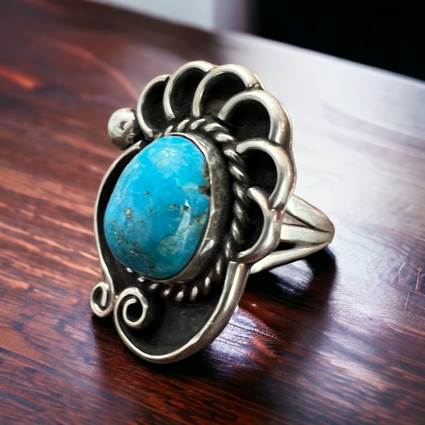 Turquoise ring - beautiful large cabochon on shadow box style base - Size 6