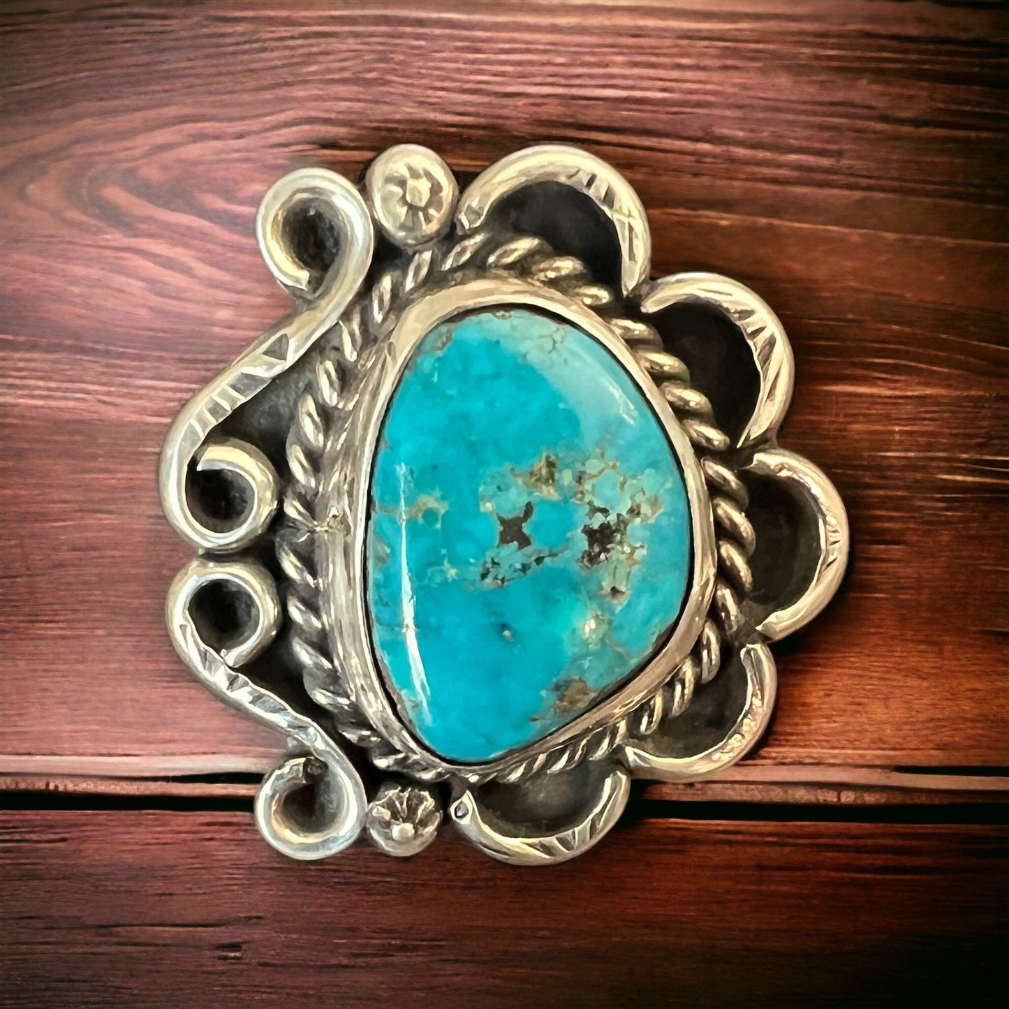 Turquoise ring - gorgeous cabochon on hand stamped sterling - Hallmark RJ - size 7